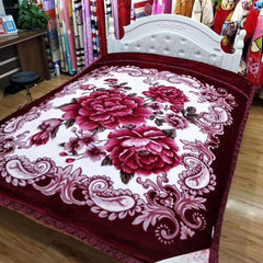 Heavy Korean Style 2-Ply Floral Print  Blanket (Maroon/Burgundy)